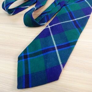 Vintage 70s Tartan Tie Mens Blue Green Scottish Wool Douglas THE SCOTCH HOUSE